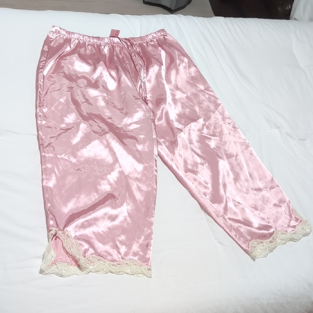 La Vie En Rose Pink Satin Pajama Pants with Lace Trim